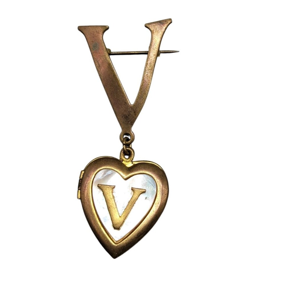 Antique V Monogram Heart Photo Locket Brooch Mother of Pearl Gold Plated Charm